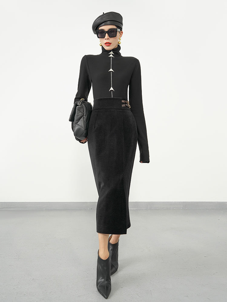 Huanzi new French velvet fashionable high waist slim and small slit skirt female- Elvin