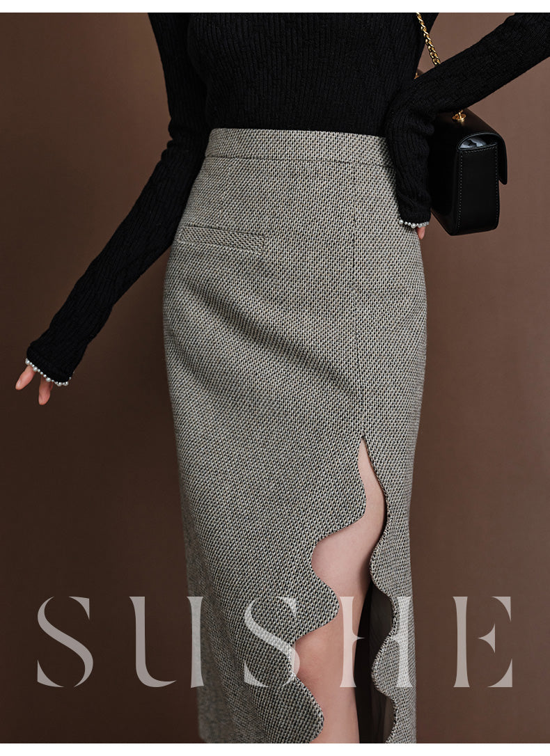 SUSHE Heavy Elegant Wave Slit Spring Skirt - monet vision