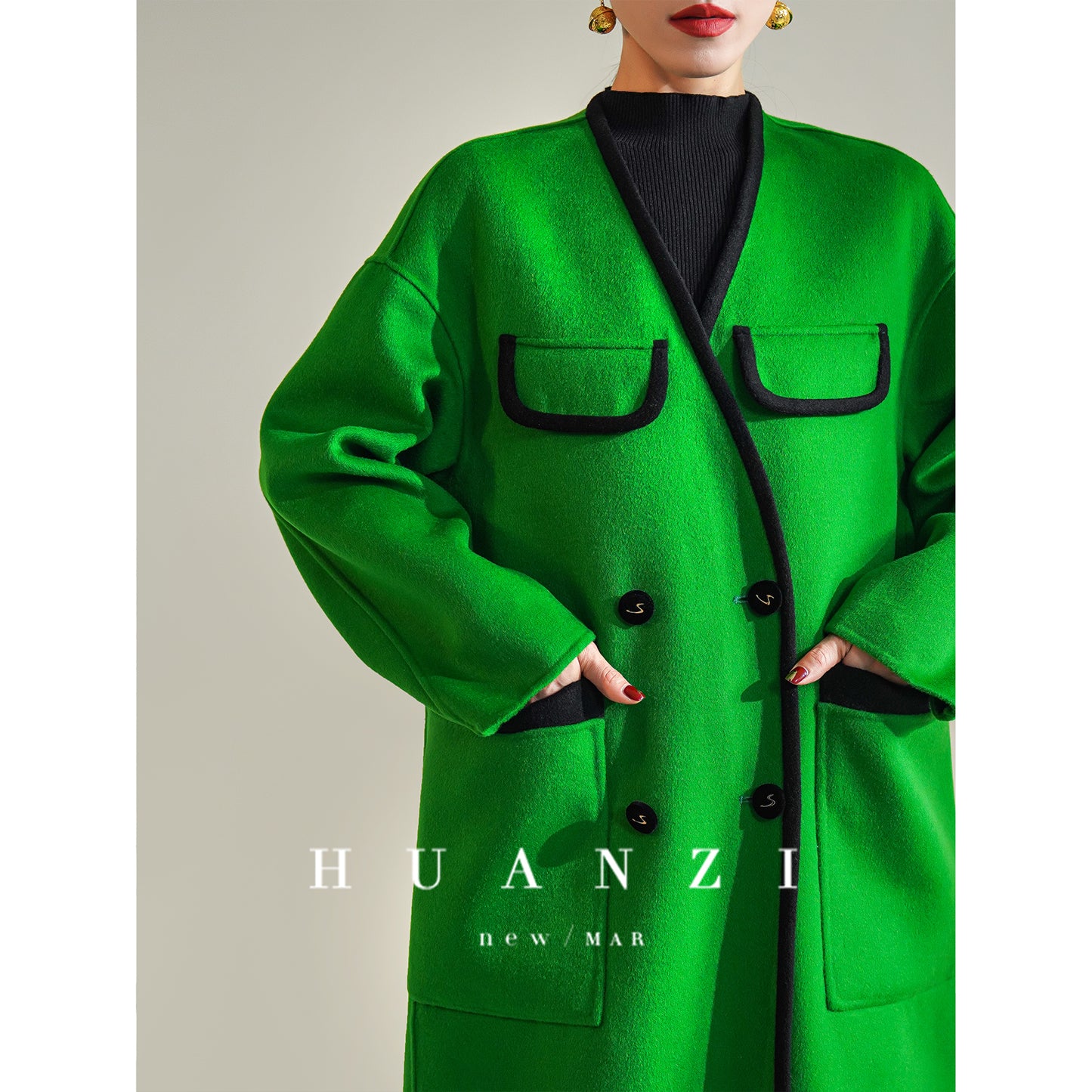 Huanzi high-definition Australian wool design sense mid-length double-sided woolen coat- Calisa