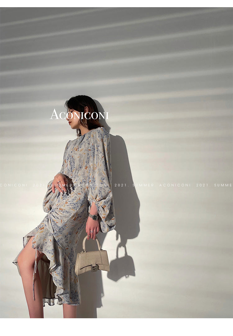 Aconiconi|high-end French tea floral printed elegant lantern sleeve midi dress - Nila