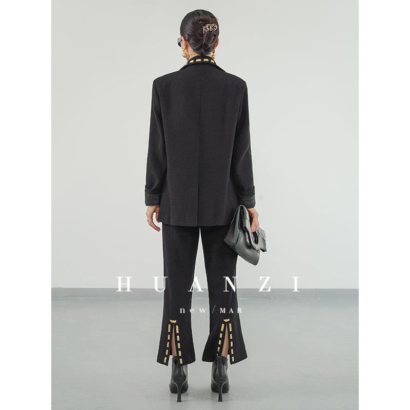 Huanzi new handmade micro-wide suit jacket with back slit straight-leg micro-launched trousers suit set- Emera
