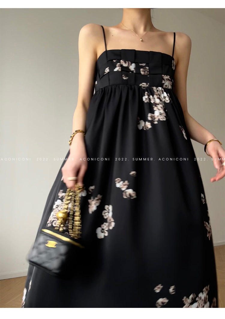Aconiconi|Luxury French japanese retro print tube top suspender loose dress - Kimiko