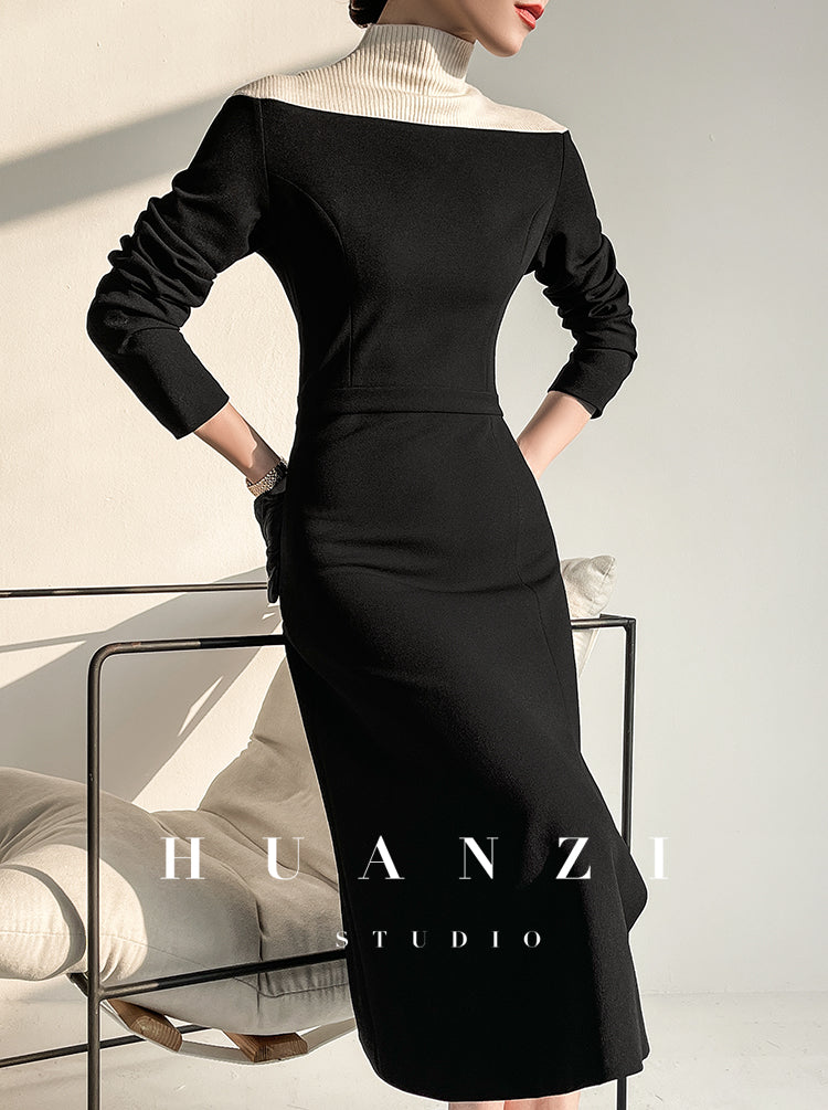 Huanzi new elegant classic black high turtle neck dress - Kios