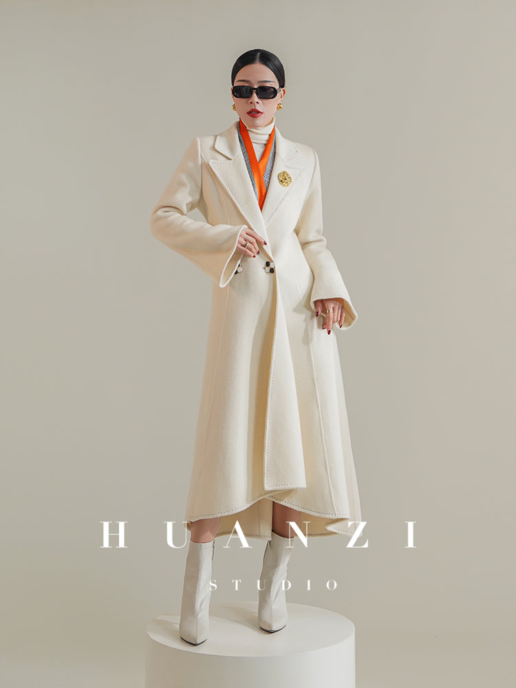 Huanzi custom double-sided cashmere coat women's black woolen coat fishtail slim fit and thin- Baty