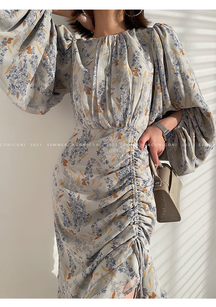 Aconiconi|high-end French tea floral printed elegant lantern sleeve midi dress - Nila