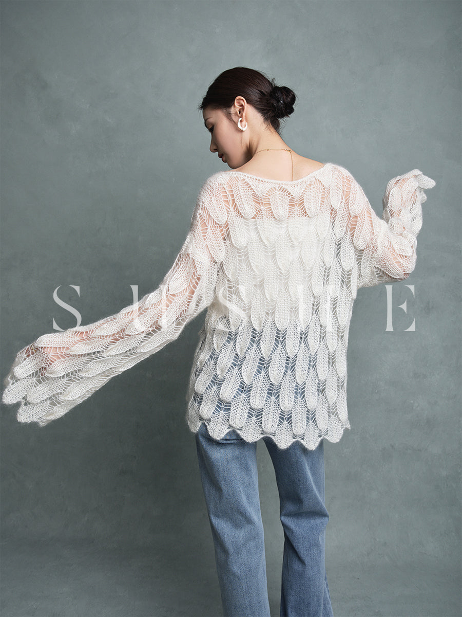 luxury high-end Romantic ultra-young mohair cropped neckline pullover sweater