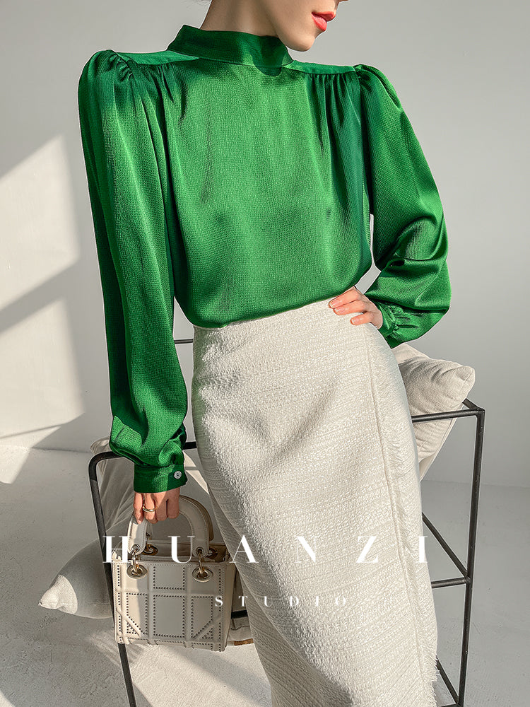 Huanzi new puff sleeves silk satin shirts top blouse - Oitr green