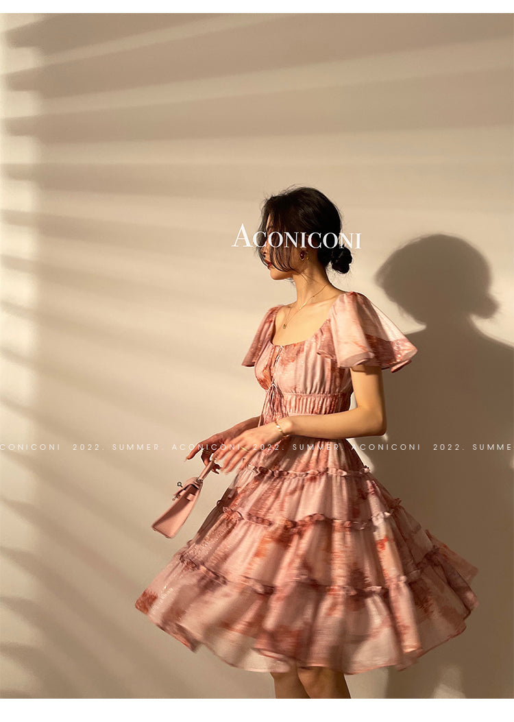 Aconiconi|Fireworks French Print High end Design flowy floral Dress - Atami