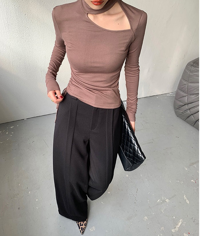 WANXO camel high waist drooping casual pants new straight loose wide leg pants- Tela