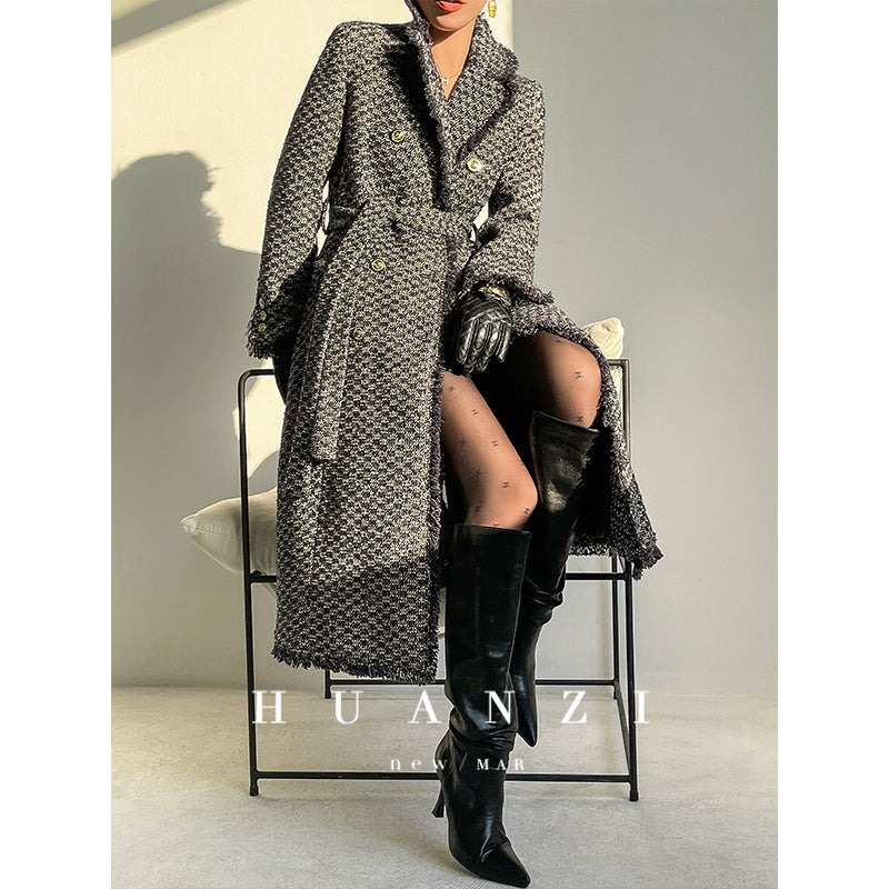 Wool Rough Flower Middle Gray Black High end Winter Jacket Coat- Teisd