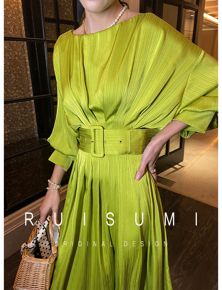 French romantic light luxury satin pleated waist lantern bat sleeve midi tea dre - Aplss
