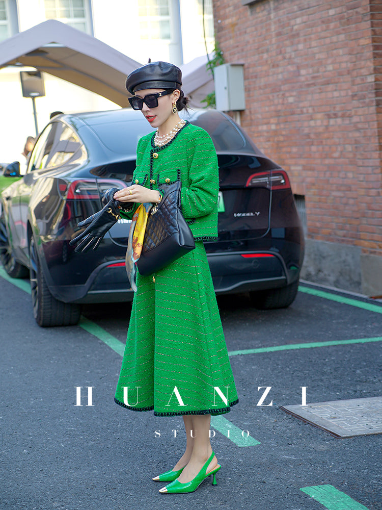 Huanzi tweed wool small suit autumn and winter new green short coat suit set- Lilibeth