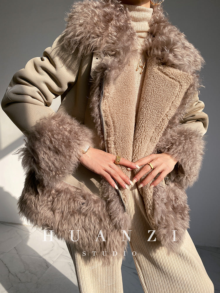 Huanzi custom craft winter fur one-piece wool lamb collar leather jacket - Sioed