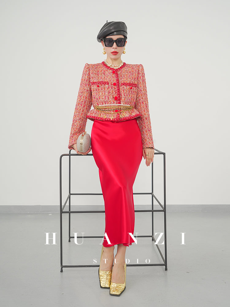 Huanzi custom 2022 autumn and winter new high-definition handmade red tweed temperament lady style small fragrant wind jacket female