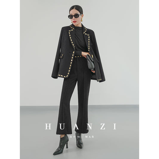 Huanzi new handmade micro-wide suit jacket with back slit straight-leg micro-launched trousers suit set- Emera