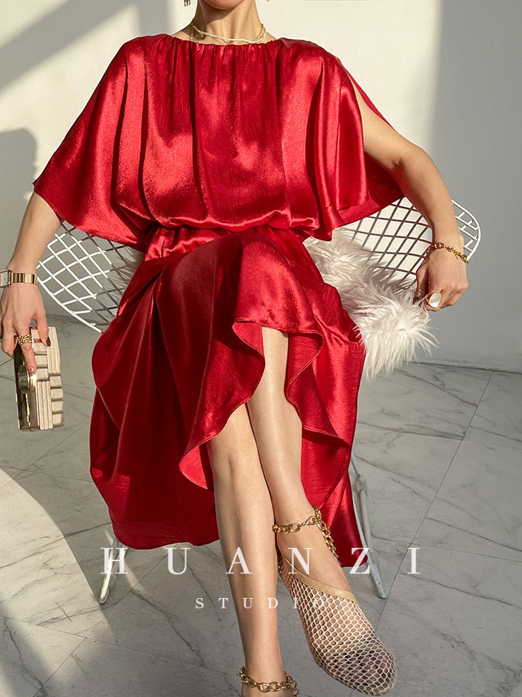 HUANZI custom designer acetic loose short-sleeved silky elegant dress -Leila passion