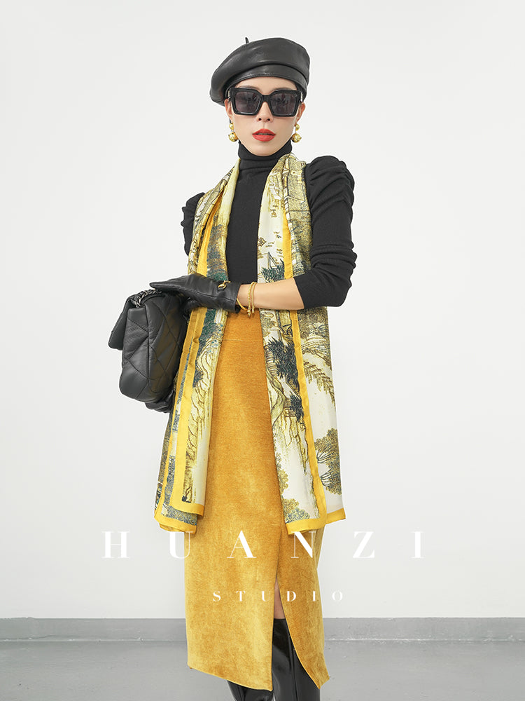 Huanzi new French velvet fashionable high waist slim and small slit skirt female- Elvin