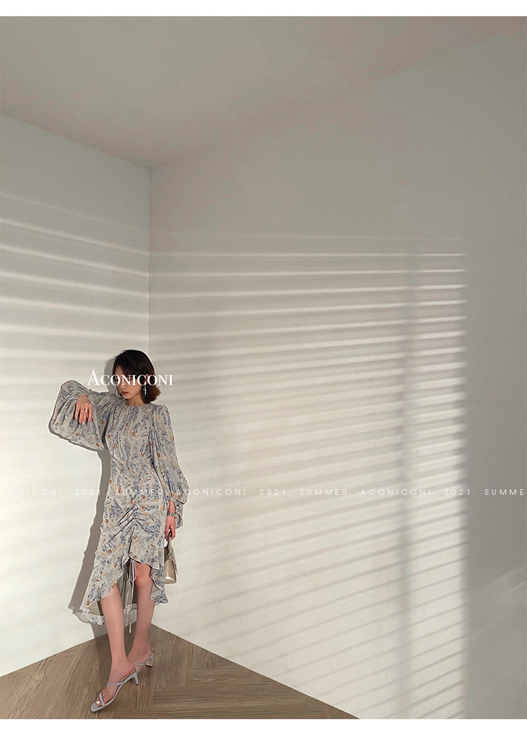 Aconiconi|high-end French tea floral printed elegant lantern sleeve midi dress - Nila