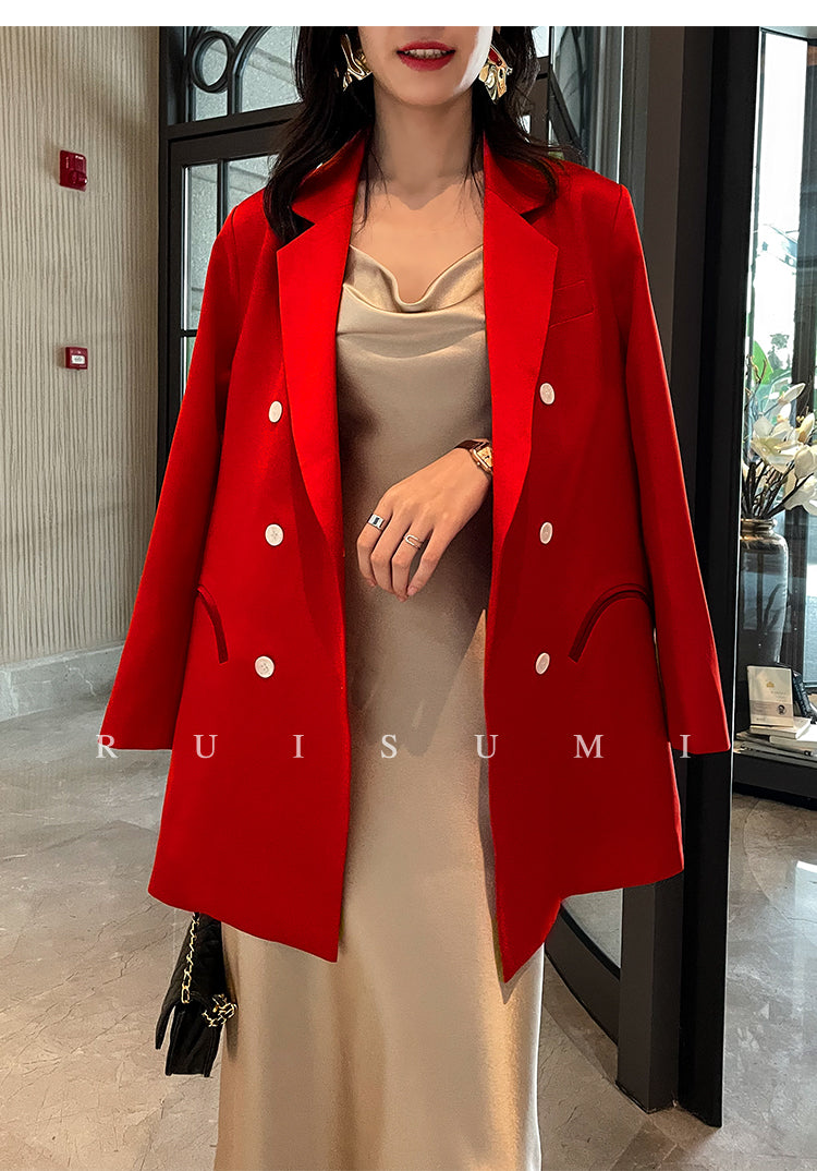 light luxury satin suit retro straight loose red blazer dress suit jacket - TII