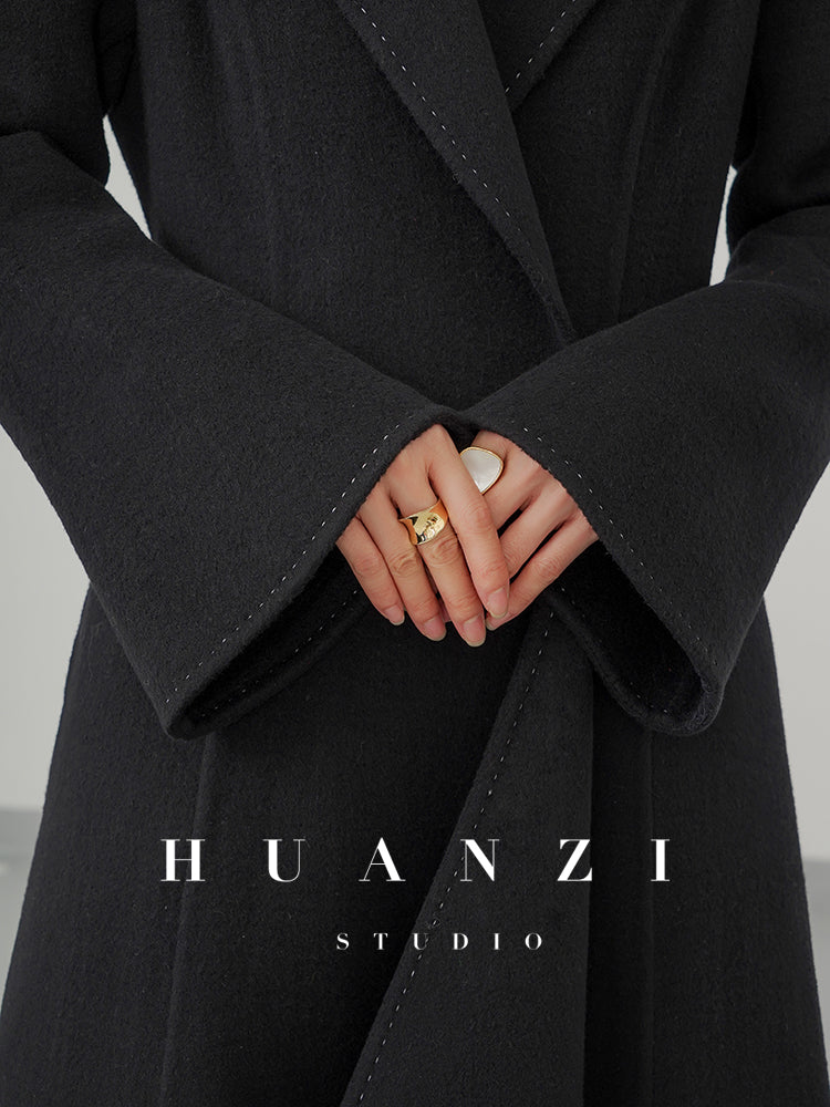 Huanzi custom double-sided cashmere coat women's black woolen coat fishtail slim fit and thin- Baty