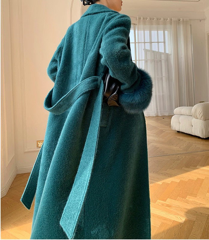 WANXO vegann fur waist tie woolen coat new fashion medium and long woolen coat- Katy
