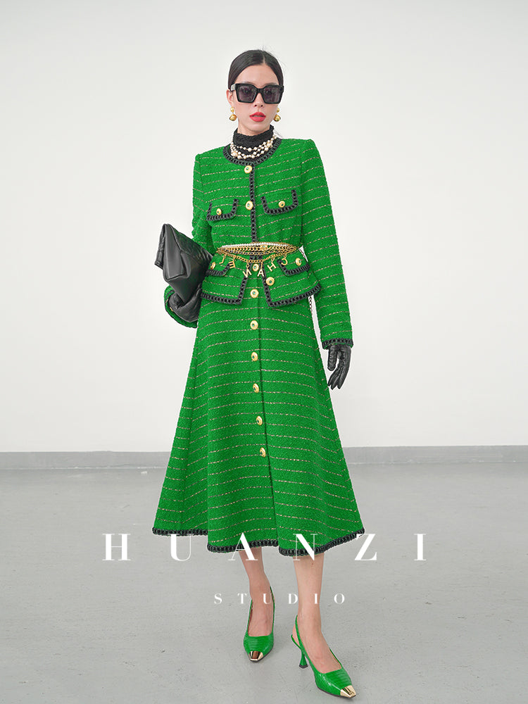 Huanzi tweed wool small suit autumn and winter new green short coat suit set- Lilibeth