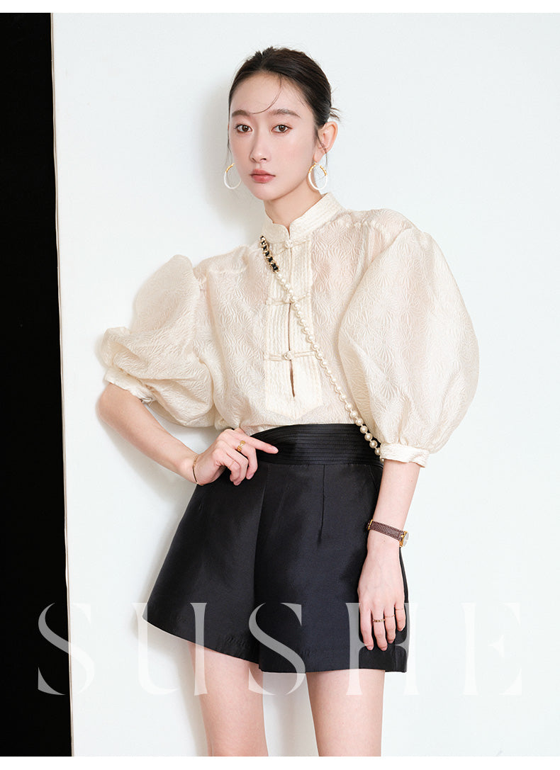Sushe pattern embossed Chinese style buckle slim top shirt -iota