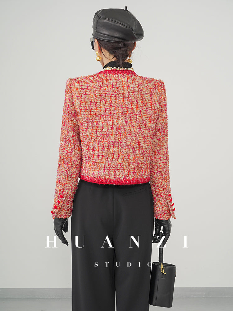 Huanzi custom 2022 autumn and winter new high-definition handmade red tweed temperament lady style small fragrant wind jacket female