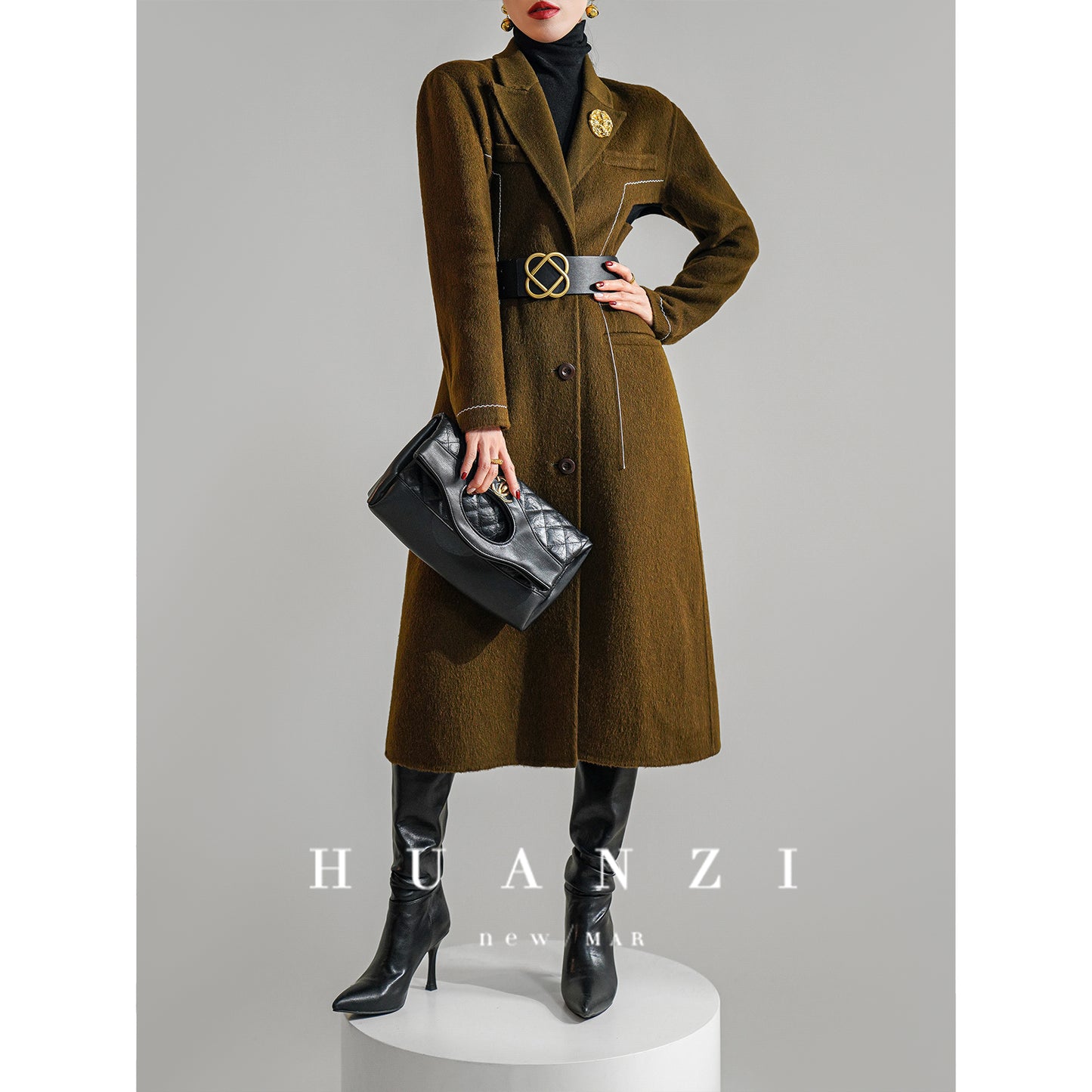 Huanzi new high-end color waist sheep wool double-sided woolen coat- JJ