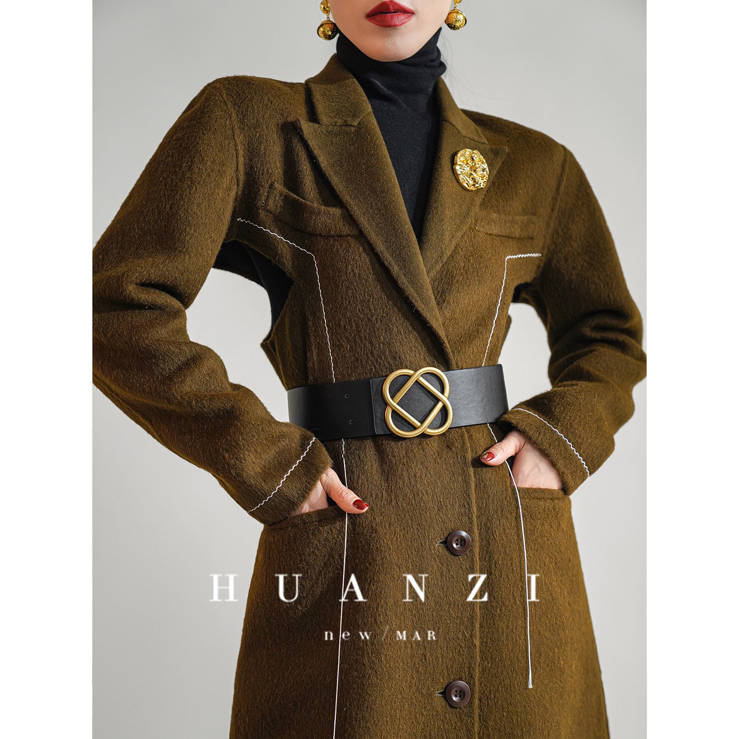 Huanzi new high-end color waist sheep wool double-sided woolen coat- JJ