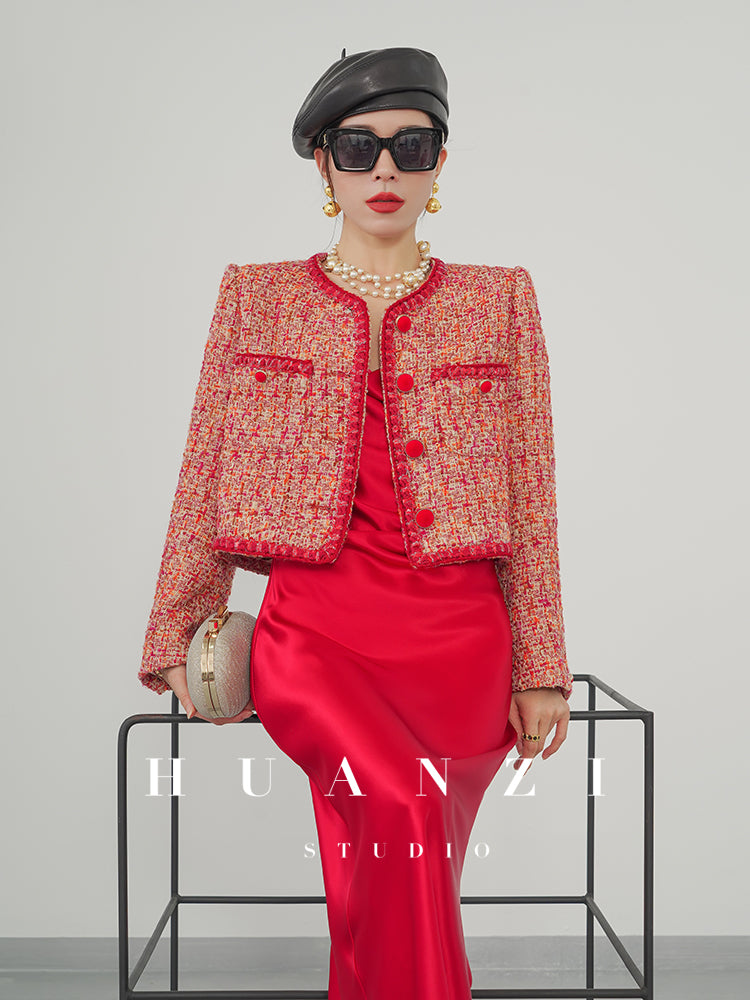 Huanzi custom 2022 autumn and winter new high-definition handmade red tweed temperament lady style small fragrant wind jacket female