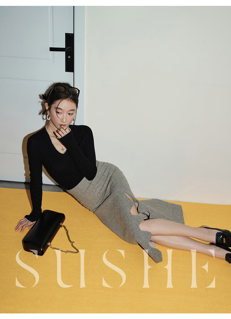 SUSHE Heavy Elegant Wave Slit Spring Skirt - monet vision