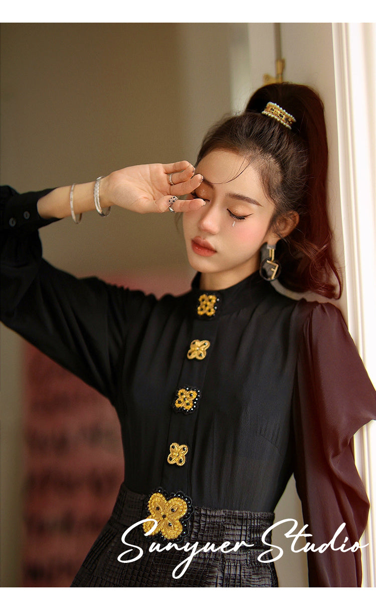 Black gold buttons embroidered beaded bow long-sleeved dress- Otia