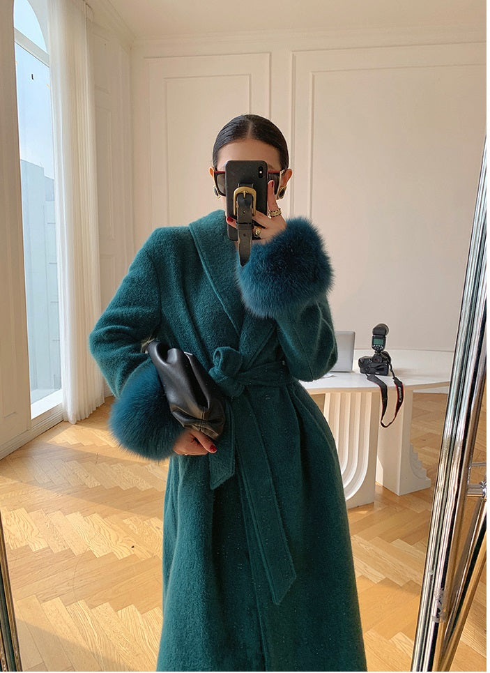 Beige WANXO vegann fur waist tie woolen coat new fashion medium and long woolen coat- Katy