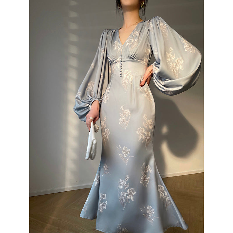 Aconiconi|kite white French elegant v-neck mid-length fishtail dress -Qingshan