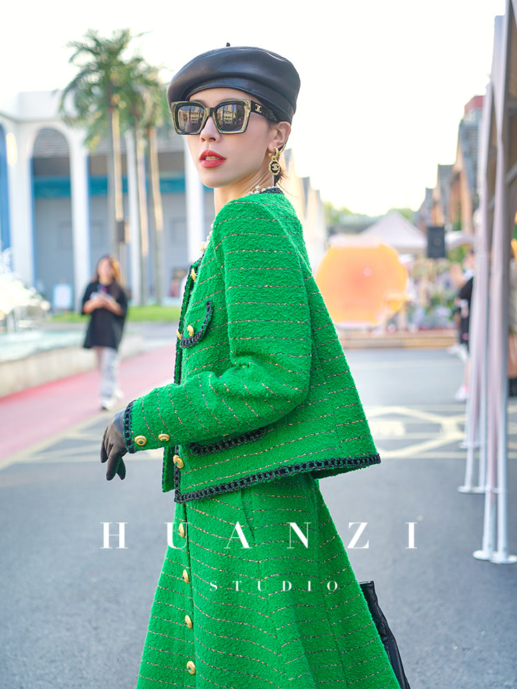 Huanzi tweed wool small suit autumn and winter new green short coat suit set- Lilibeth