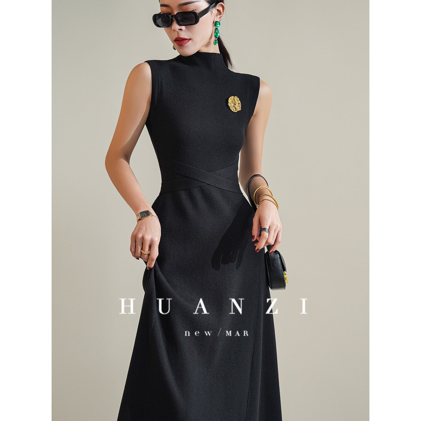 Huanzi French elegant fashionable knitted minimalist waist dress cardigan- Melissa