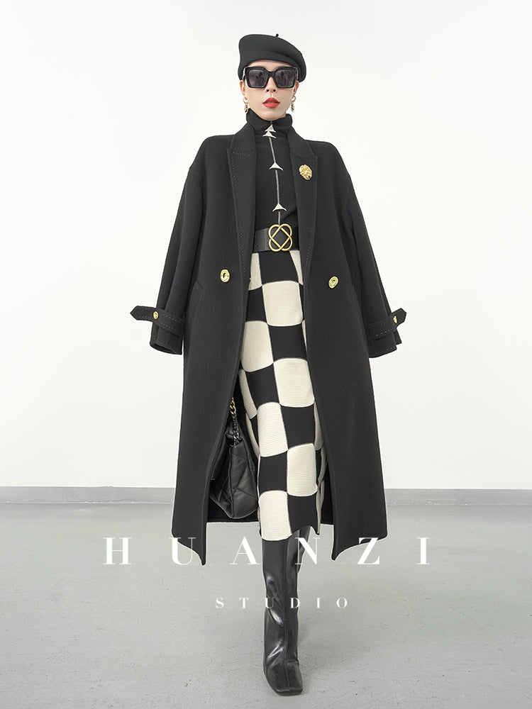Huanzi classic black and white checkerboard high waist slim knitted fishtail skirt for women- Tiloa