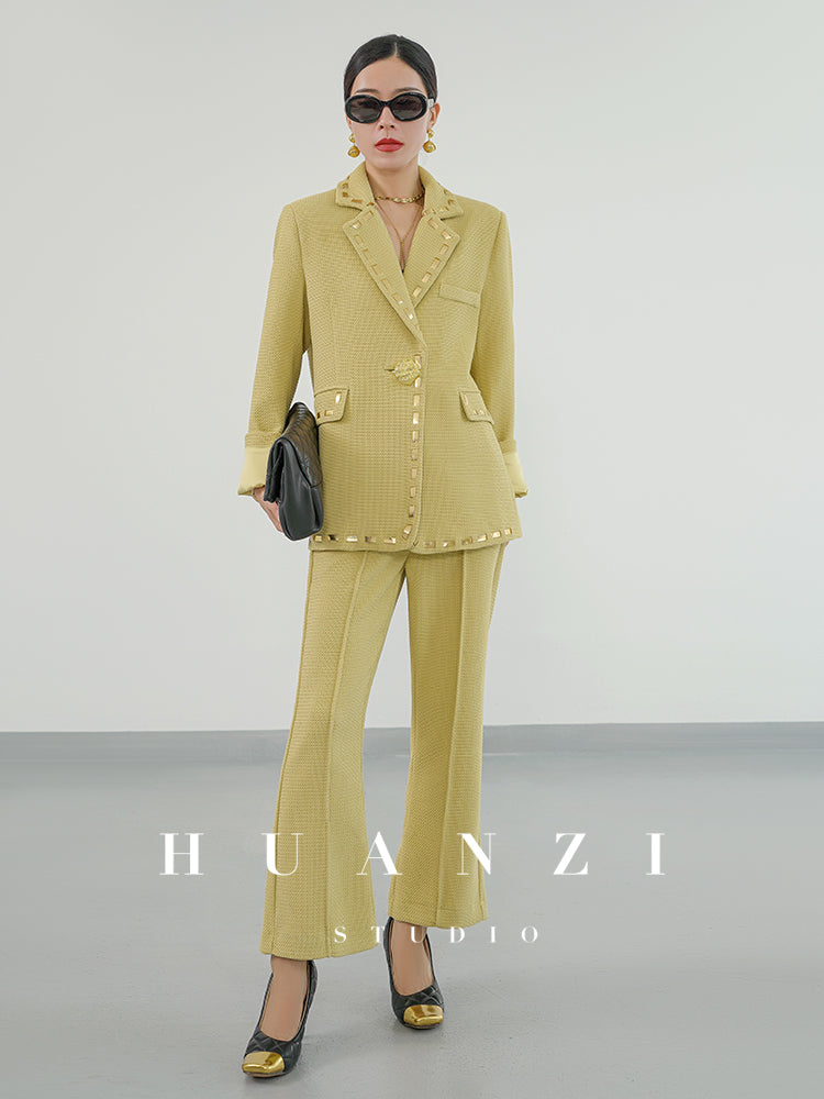 Huanzi new handmade micro-wide suit jacket with back slit straight-leg micro-launched trousers suit set- Emera