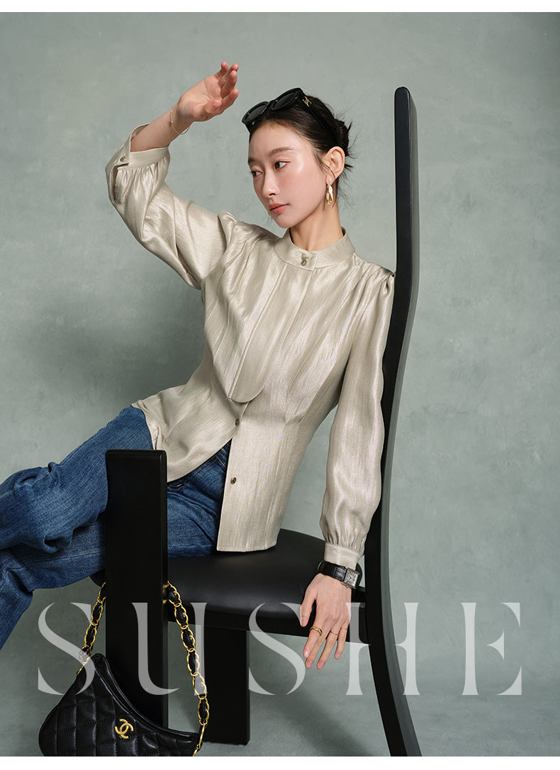 SUSHE Gold Series Retro Spring Women's 2023 Loose Stand Collar Shirt -Star