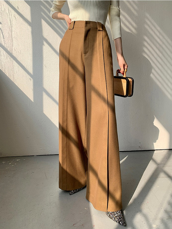 WANXO camel high waist drooping casual pants new straight loose wide leg pants- Tela