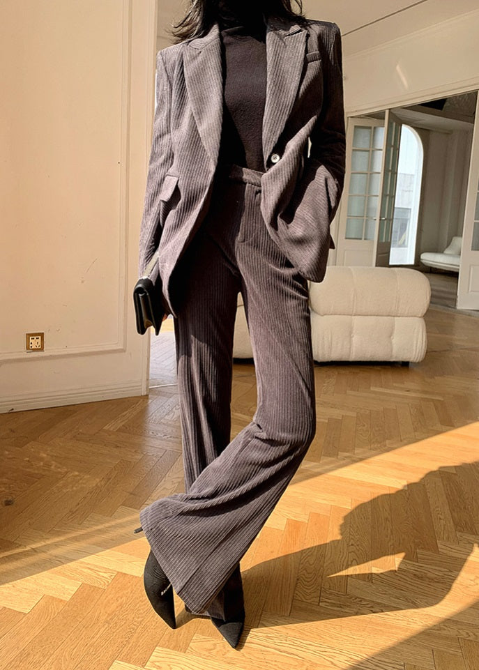 Gray WANXO retro corduroy two-piece suit new suit jacket high waist casual wide leg pants- Orfara