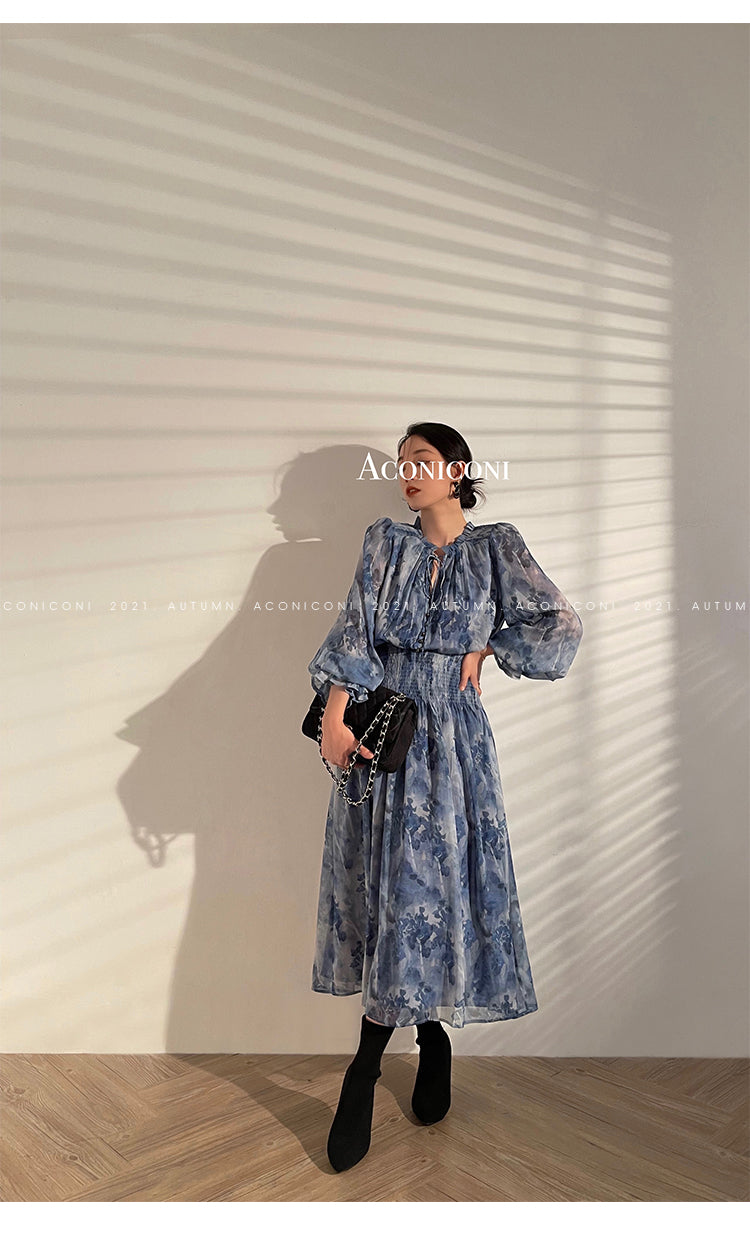 Aconiconi|French elegant blue print spring summer dress - hiju