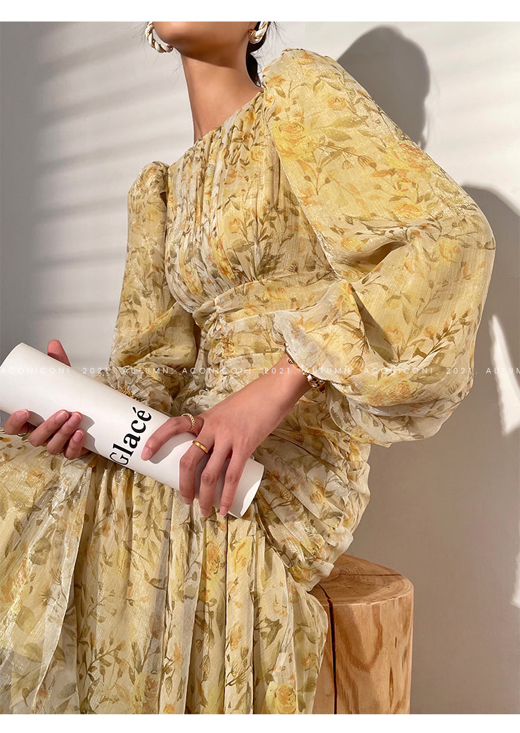Aconiconi|French floral fishtail midi dress- butter