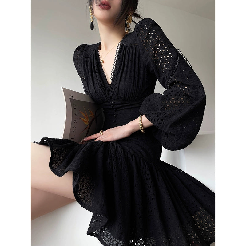 Aconiconi| French coffee break lace cotton white dress - Smoke