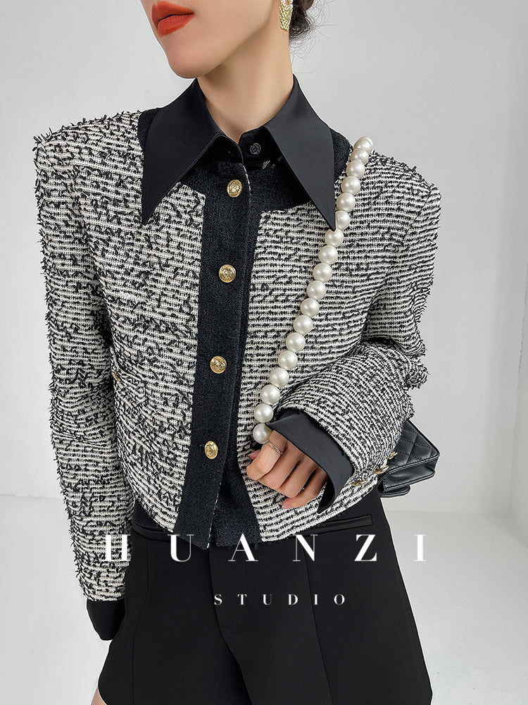 Huanzi high end custom lace plaid satin angle shoulder shirt - Bisrs