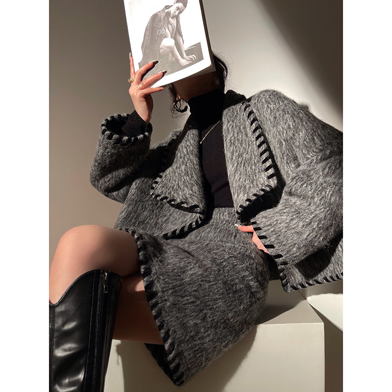 Aconiconi|Gray long hair fall winter wool short coat/skirt - Haizhou