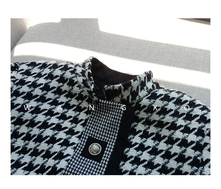 High end stand collar woolen classic houndstooth top coat jacket blazer - Setti
