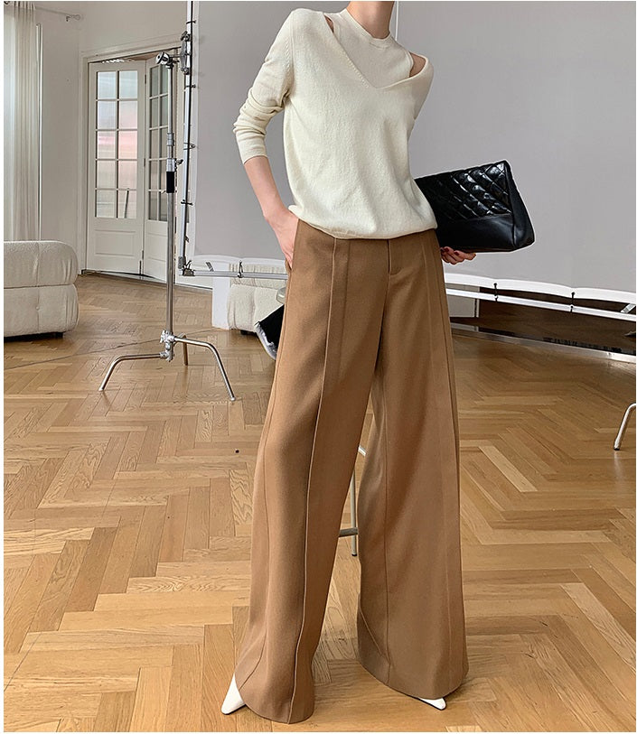 WANXO camel high waist drooping casual pants new straight loose wide leg pants- Tela
