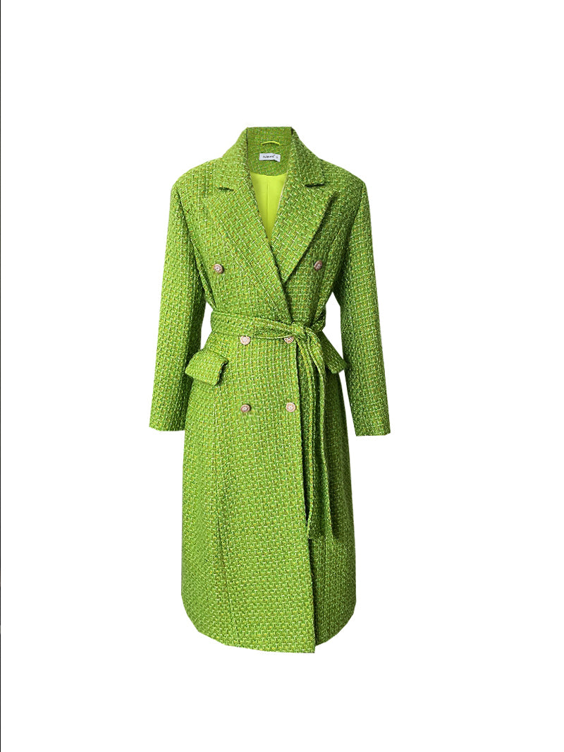 Elegant French style autumn and winter new high-end custom light luxury gold and silver silk small fragrant wind coat green fashionable woolen coat